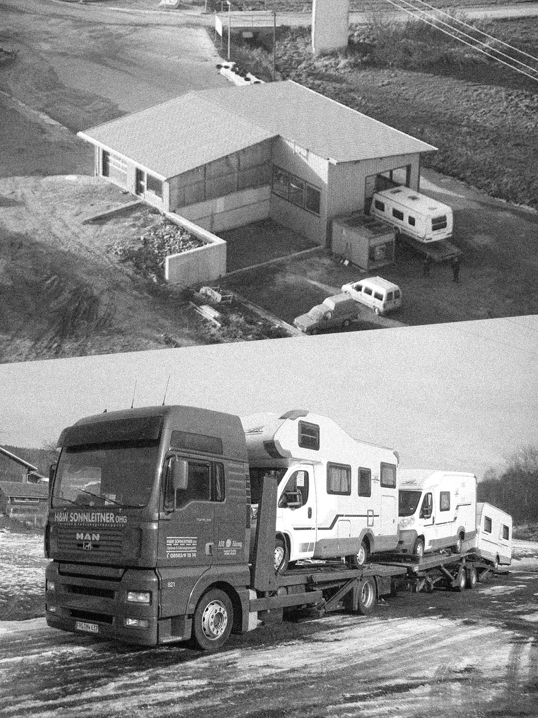 Zwei Bilder aus der Vergangenheit der ASB Group: Oben ein ehemaliges Gebäuge, unten ein alter LKW