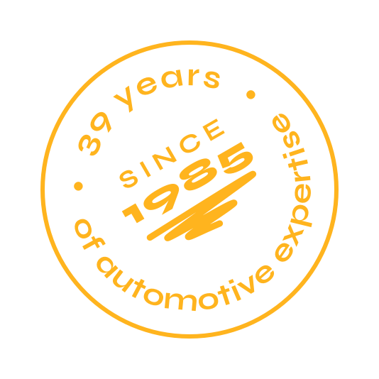 Badge "39 years of automotive expertise" in orange